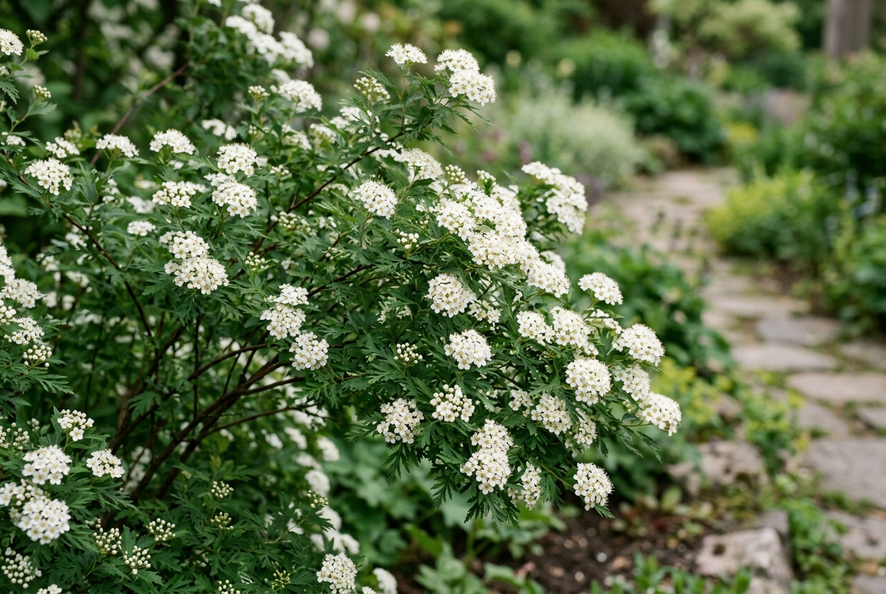 Bjørkebladspirea : Varianter fra 80-100 cm . En meget frodigh hekktype som etter vår mening passer best som frittvoksende hekk. Hvite blomster som blomstrer i store mengder. Hardfør. Bjørkebladspirea