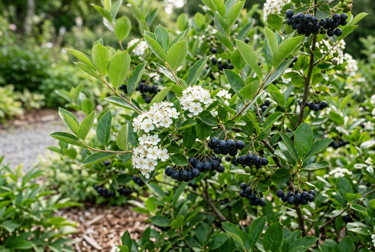 Aronia : Frodig hekkplante med store blader. Hardfør sort på rundt 1-1,5 meter (flere sorter) Hvite unseelige blomster som utvikler seg til bær. Denne bæren er ekstremt sunn med et svært høyt innhold av antioksidanter (flere ganger høyere enn blåbær).Egner seg meget godt til saft. Benyttes i en rekke sunne produkter som blant annet juice. Aronia