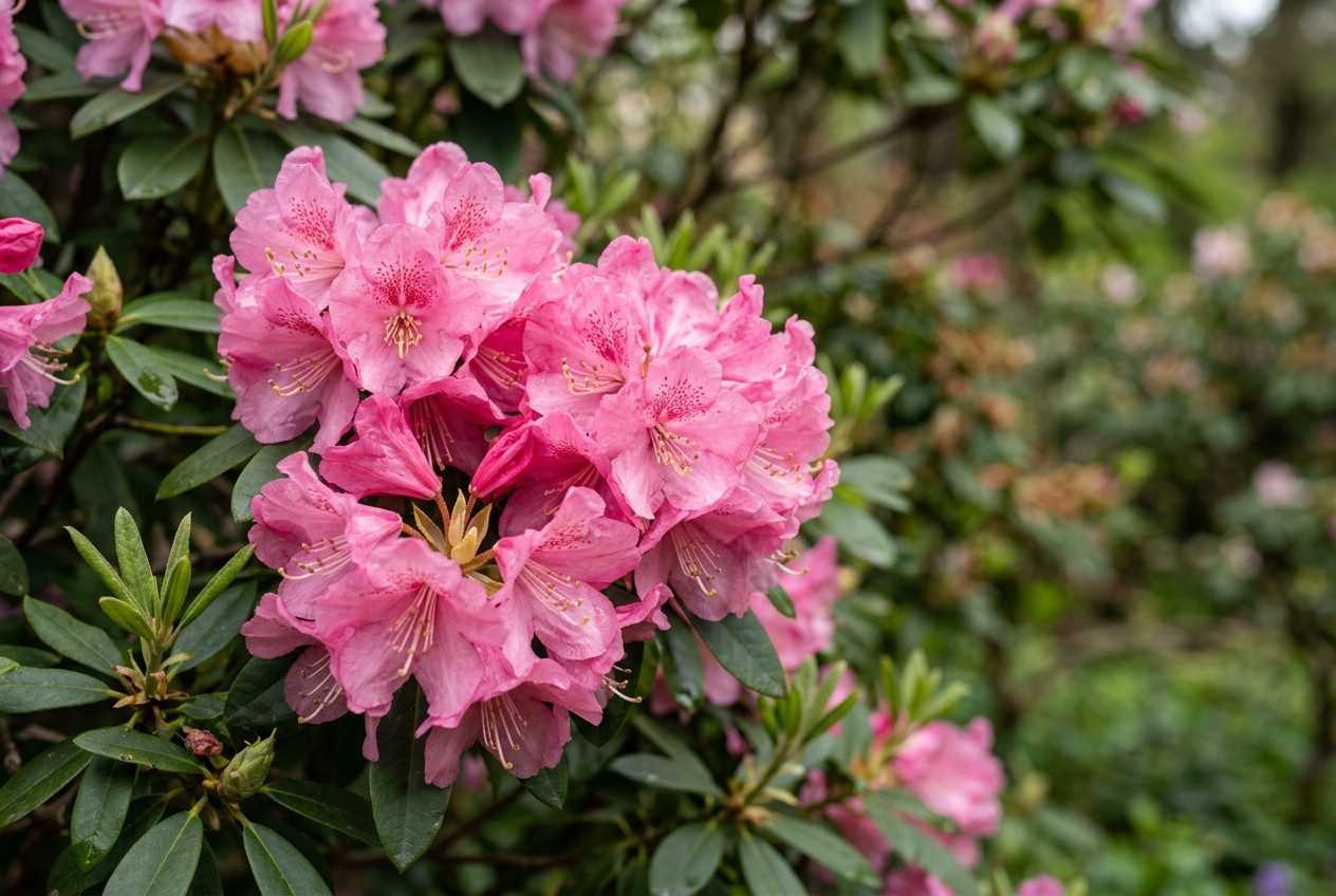 Rhododendron : En av de mest dekorative vintergrønne hekker. En rekke sorter kan benyttes. De vanliogst eer Cunnighams white, Roseum Elegans og Grandiflorum. Rhododendron brukes både som frittvoksende og som klippet hekk. NB ! Rhododendron som blir relativt lav (1 til 1,5 meter) egner seg best som frittvoksende hekk. Bland gjerne forskjellige sorter. Benyttes i områder hvor rhododendron normalt trives. Rhododendron