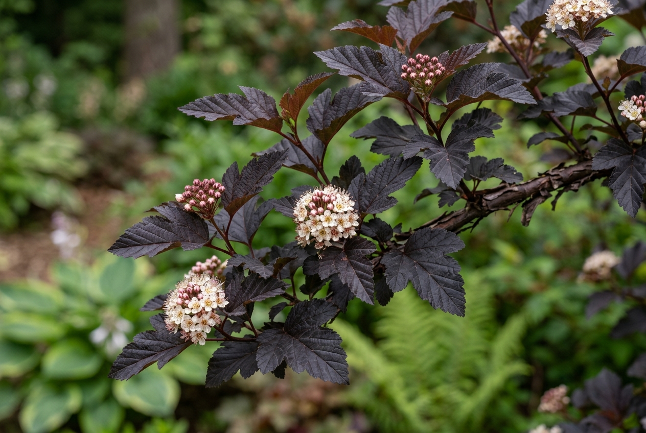 Physocarpus op. diablo : Kalles også for blærespirea. Meget dekorativ løvfellende hekk. Bladene har samme form som ripsbær men med en farge som er svært lik blodbøk. Blir ca. 2 meter. Det finnes varianter som blir noe lavere. Må klippes godt tilbake. Hurtigvoksende. Hardfør. Får små hvite blomster. Physocarpus op. diablo