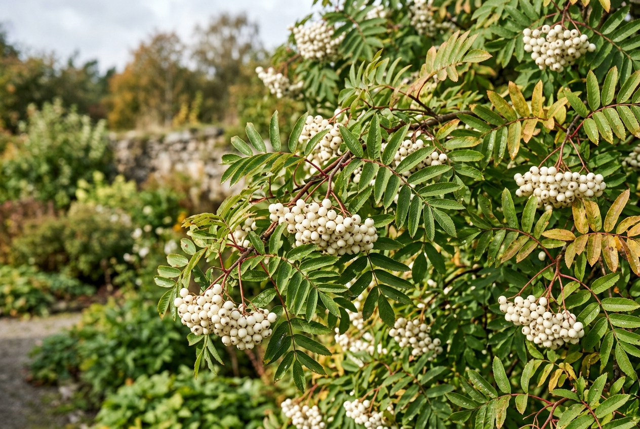 Hvitrogn : Spennede tre som vokser i buskform.. Får hvite blomster som blir til hvite dekorative bær. Skarpt grønne blad om sommeren. Dekorativ høstfarge. Benyttes som frittvoksende hekk. Hvitrogn