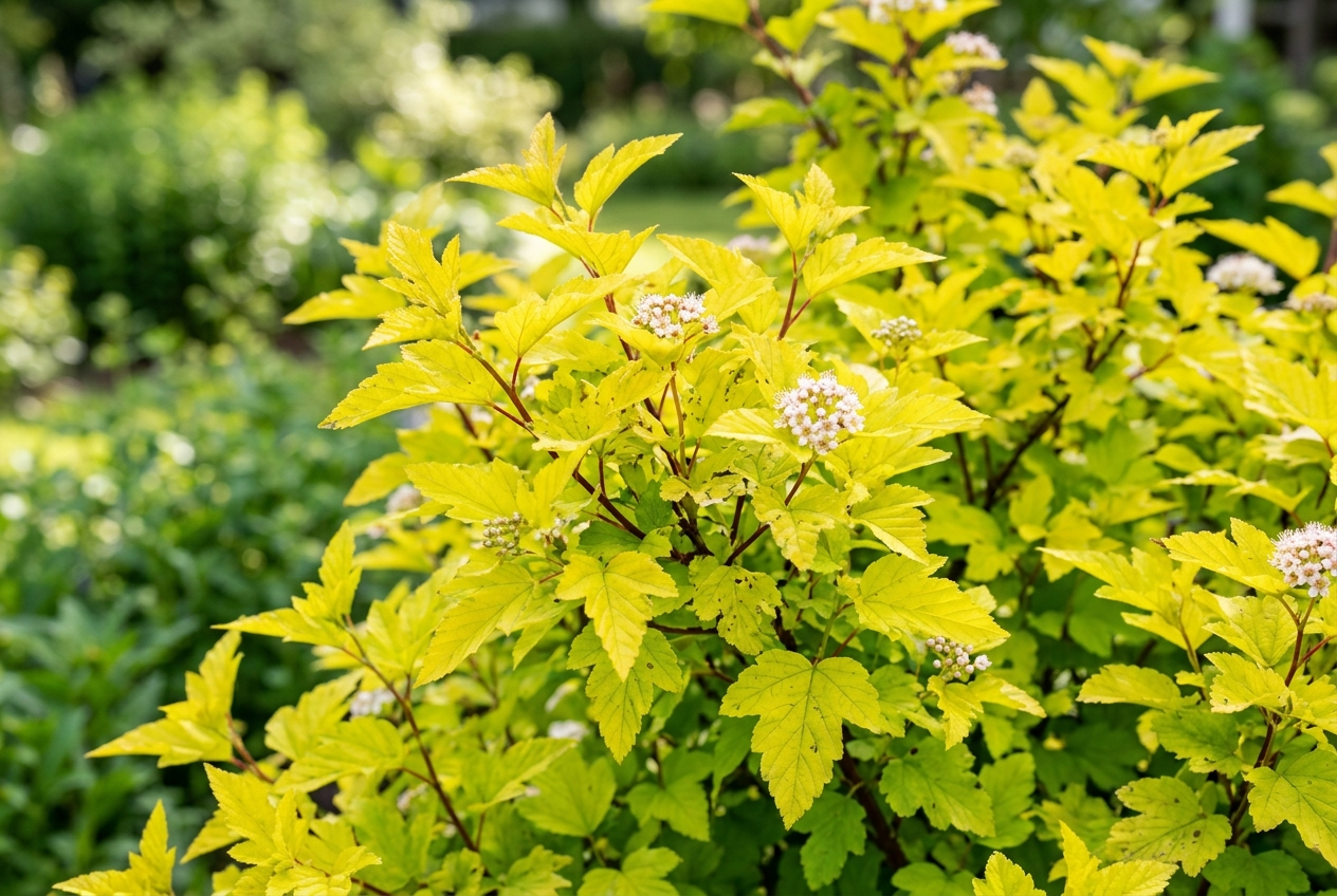 Physocarpus "Darts Gold" : I likhet med "D'or" så er det vanskelig å gi en eksakt beskrivelse av fargen. En blanding av Sitrongul og Limegrønn er kanskje det som passer best . Har en vekstform som gjør at den passer best som klippet hekk. Trives med å ha det lunt og varmt (solrikt) Planten egner seg også svært godt som kontrastplante i andre beplantinger. Physocarpus "Darts Gold"