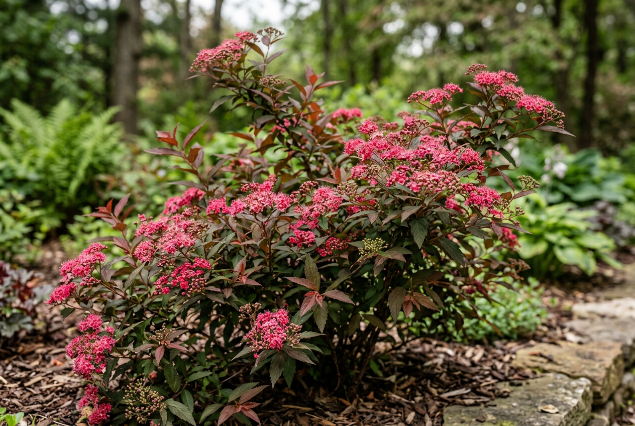 Rubinspirea : I veksttform er denne svært lik bjørkebladspirea men den har lys rosa blomster. Noen velger å blande denne med bjørkebladspirea for å oppnå litt mer variasjon i blomstringen. Rubinspirea